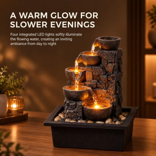 Tabletop Water Fountain 5-Tier Indoor Waterfall with LED Lights - Relaxing Decor