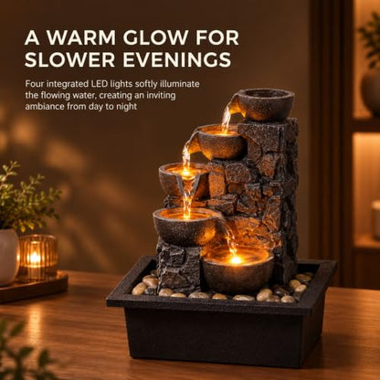 Tabletop Water Fountain 5-Tier Indoor Waterfall with LED Lights - Relaxing Decor