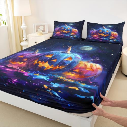 Neon Glow Pumpkin Bed Sheets Set King Size Kids Boys Girls - Blue Orange Black Variation