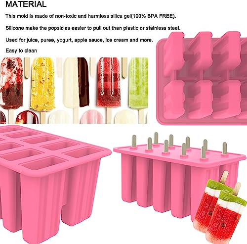 Homemade Popsicle Molds Shapes, Silicone Frozen Ice Popsicle Maker Non-BPA, with 50 Popsicle Sticks, 50 Popsicle Bags, 10 Reusable Popsicle Sticks, Funnel, Brush and Ice Pop Recipes(Pink)