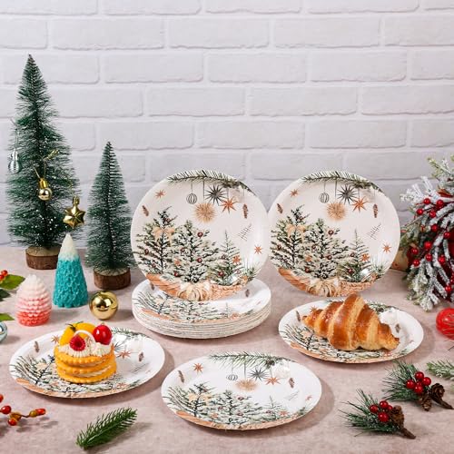 24 Pcs Christmas Holiday Dessert Plates Xmas Trees Holly Pine Cone Design
