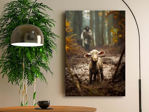 Jesus and Lamb Canvas Wall Art - Religious Christian Decor for Prayer Room, Christmas