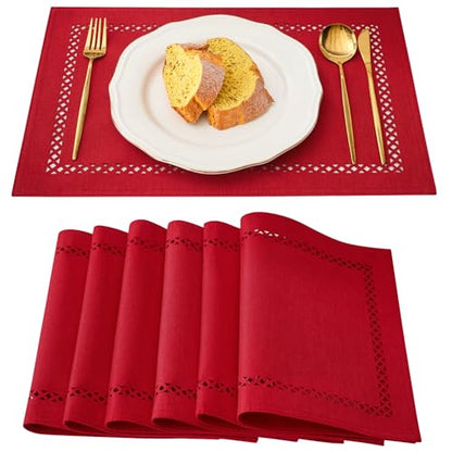Red Burlap Placemats Set of 6 12x18 Inch Christmas Table Decor - Aoztio