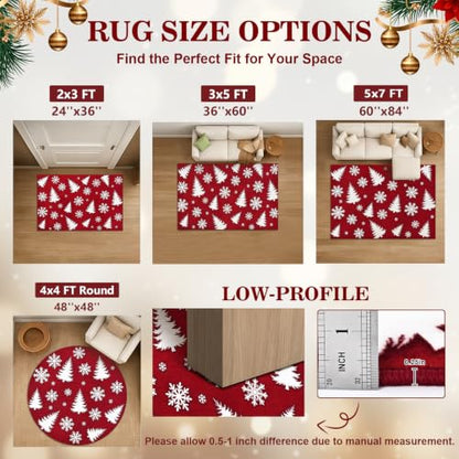 Red Snowflake Christmas Rug 3x5 Washable Non-Slip Holiday Carpet for Bedroom
