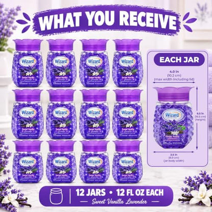 Wizard Odor Eliminator Gel Beads Pack of 12 - Sweet Vanilla Lavender Scent