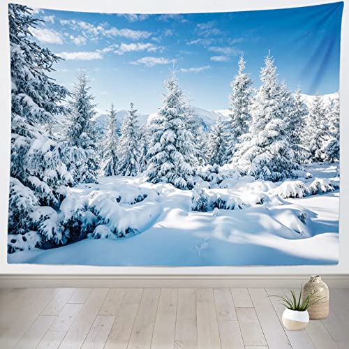 Winter Snow Forest Tapestry - 236 x 118 inches Snowy Mountain Landscape Wall Hanging for Home Decor