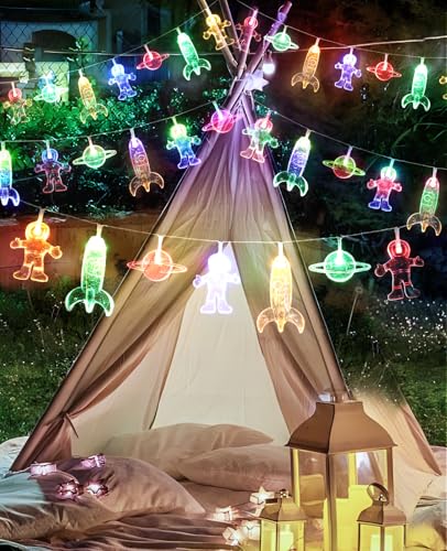 Space String Lights Change Color 50 LED Fairy Lights Battery & USB Powered Astronaut Rocket Planet Decor