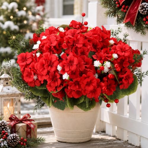 Artificial Christmas Geranium Flowers Bouquet for Outdoor & Indoor Decor - 20 Pcs