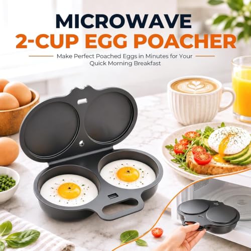 White Dual Cavity Microwave Egg Poacher with Lid & Handle - 2 Eggs, Food-Grade PP