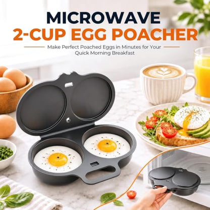 White Dual Cavity Microwave Egg Poacher with Lid & Handle - 2 Eggs, Food-Grade PP