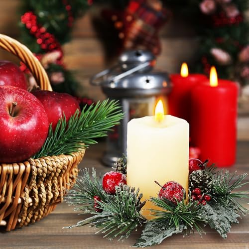 Christmas Candle Ring Set with Berries and Pine Cones - Winter Holiday Decor