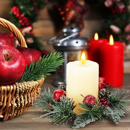 Christmas Candle Ring Set with Berries and Pine Cones - Winter Holiday Decor