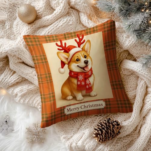 Christmas Corgi Throw Pillow Covers Set of 2 - 18x18 Inch, Reindeer & Plaid Design - Variation of Christmas Corgi#02