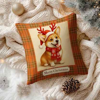 Christmas Corgi Throw Pillow Covers Set of 2 - 18x18 Inch, Reindeer & Plaid Design - Variation of Christmas Corgi#02