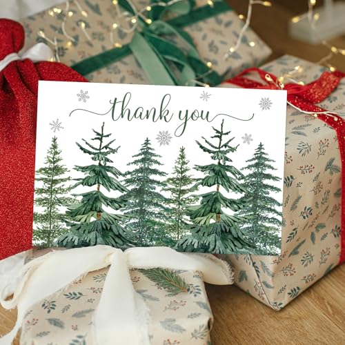 Christmas Thank You Cards Set with Envelopes & Stickers - Watercolor Pine Forest, 4x6 Inches