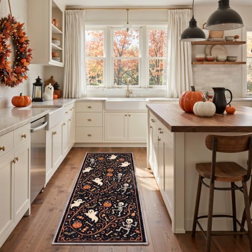 Halloween Skeleton Pumpkin Ghost Rug - Non Slip 2x6 Runner with Variation - Cute Pumpkin Noir