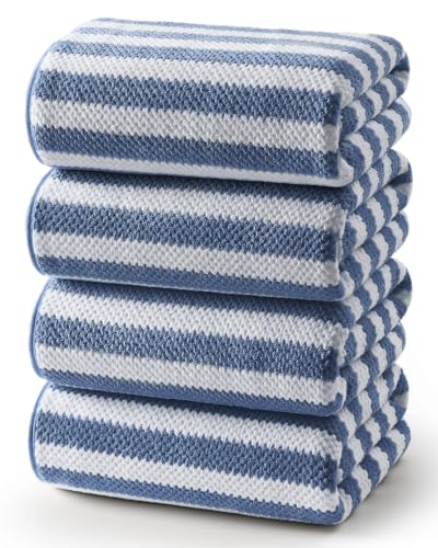Navy Blue 4 Piece Large Bath Towels Set - 30x60 Inch Striped Microfiber