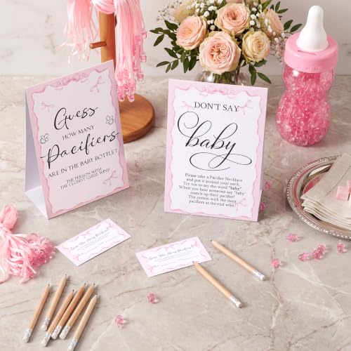 Pink Baby Shower Games Pack with Pacifier Necklace Guessing Set - Pink Bow Variation