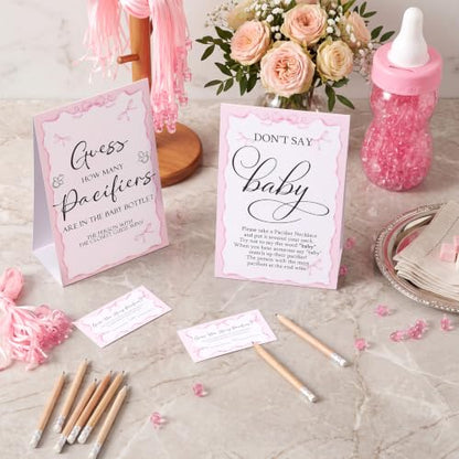 Pink Baby Shower Games Pack with Pacifier Necklace Guessing Set - Pink Bow Variation