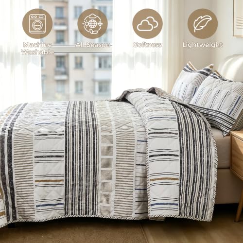 Cottolester Striped Bedding Set Queen Size - Taupe Grey, 3 Pieces