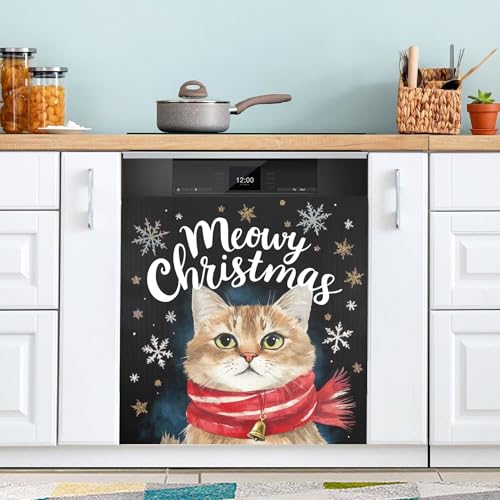 Christmas Cat Dishwasher Magnet Cover - Snowflake Winter Decor, 23x26 inches