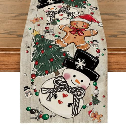 Snowman Gingerbread Table Runner 13x60 Inch Home Decor - Wood Variation