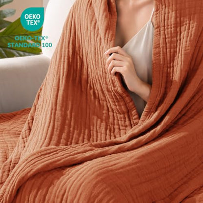 Cotton Muslin Blanket Twin Size 6-Layer Breathable Cooling Bed Cover - Burnt Orange