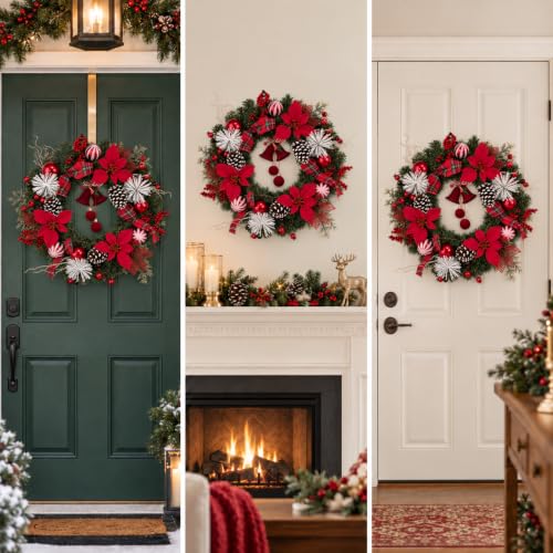 24 Inch Christmas Wreath with Poinsettias Pine Cones and Berries - Festive Holiday Decor