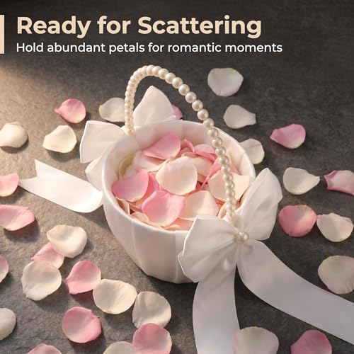 Wedding Flower Girl Basket & Ring Bearer Pillow Set Handcrafted Pearl Decor