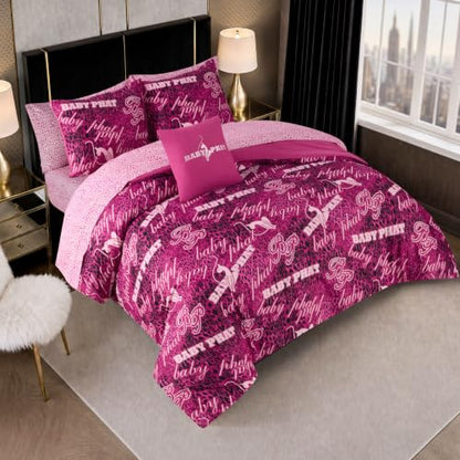Baby Phat Tossed Logo 8-Piece Bed in a Bag Queen Pink - Reversible Bedding Set