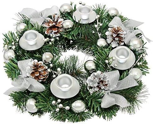 Silver Ribbon Advent Wreath - Elegant Christmas Centerpiece Décor with Candle Holder & Candles