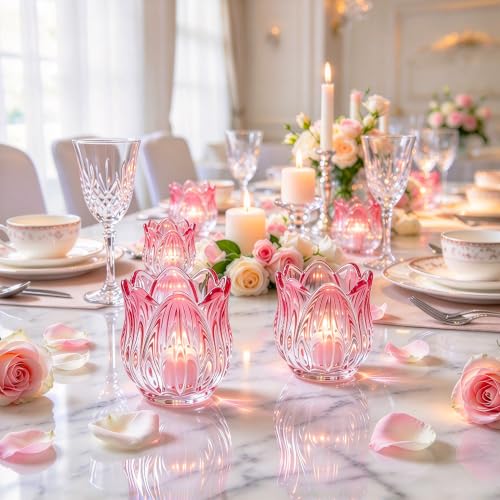 Pink Tulip Candle Holder Set - Decorative Glass Votive for Tealights