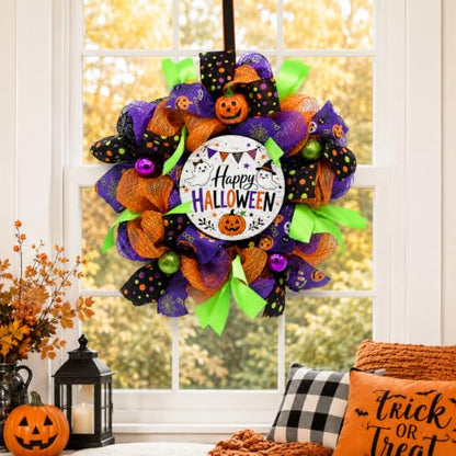 Purple Halloween Wreath for Front Door with Happy Halloween Sign - 18 Inch Outdoor Decor