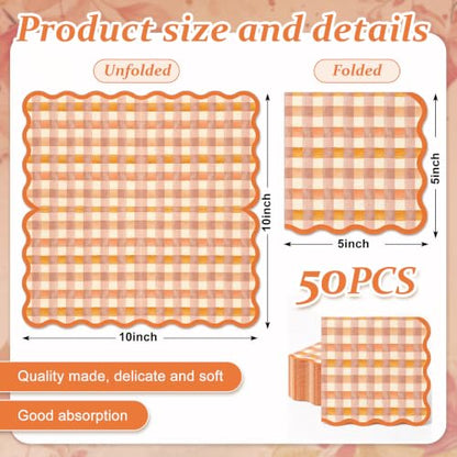 Fall Cocktail Napkins 50 Pack - Orange Brown Plaid Scalloped Edges