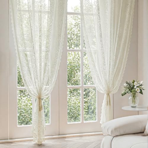 Ivory Floral Sheer Lace Curtains - 2 Panels, 55W x 63L Inches