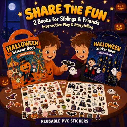 Halloween Sticker Books 2-Pack Reusable Kids Activity Set with 89 Stickers