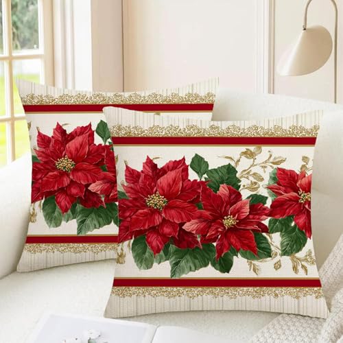Poinsettia Red Flower Throw Pillow Cover - 18x18 Inch Christmas Decor with Hidden Zipper - Pack of 1