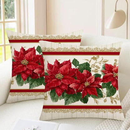 Poinsettia Red Flower Throw Pillow Cover - 18x18 Inch Christmas Decor with Hidden Zipper - Pack of 1