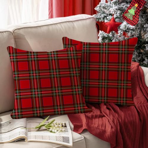 Christmas Plaid Pillow Covers 20x20 Waterproof Decor Set - Red, Pack of 2