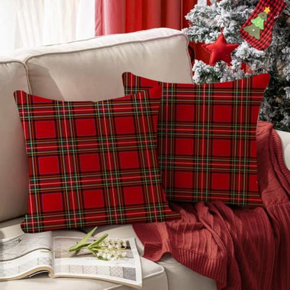 Christmas Plaid Pillow Covers 20x20 Waterproof Decor Set - Red, Pack of 2