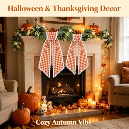2Pcs Orange and White Plaid Garland Wreath Sash for Front Door & Decorations