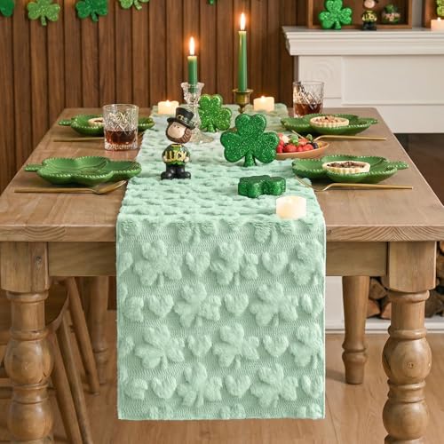 Sage Green Faux Fur Heart Clover Table Runner 13x90 Inch Seasonal Home Decor