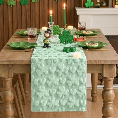 Sage Green Faux Fur Heart Clover Table Runner 13x90 Inch Seasonal Home Decor