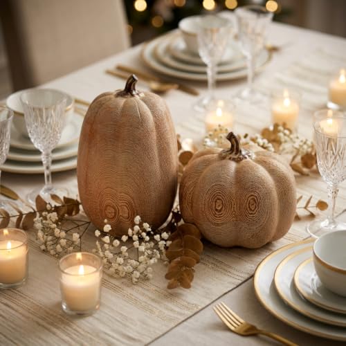 Faux Wood Grain Resin Pumpkins Set of 2 Fall Decor for Thanksgiving