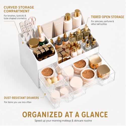 Extra Large Makeup Organizer with 3 Drawers & Brush Holder - White Clear Variation