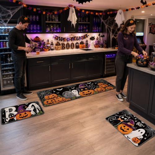 Halloween Kitchen Rugs and Mats Set - Black Cat Ghost Pumpkin Variation