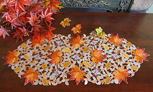 Fall Halloween Table Runner 13x36 Inches with Embroidered Pumpkins and Maple Leaves - Autumn Decor