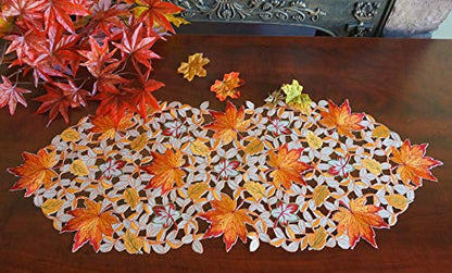 Fall Halloween Table Runner 13x36 Inches with Embroidered Pumpkins and Maple Leaves - Autumn Decor