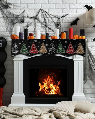 Christmas Tree Fireplace Mantel Scarf Cover - 70" x 17" Holiday Decor, Rustic Snowflake & Buffalo Plaid