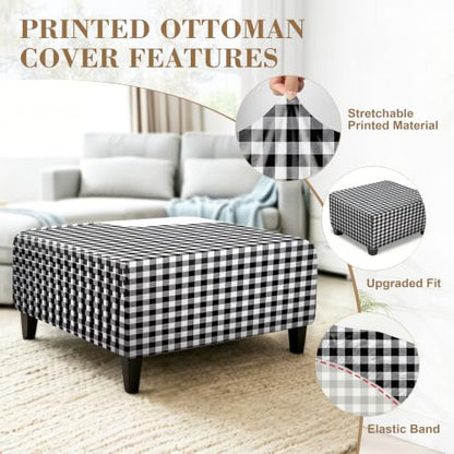 Buffalo Plaid Square Ottoman Cover - Washable Farmhouse Slipcover